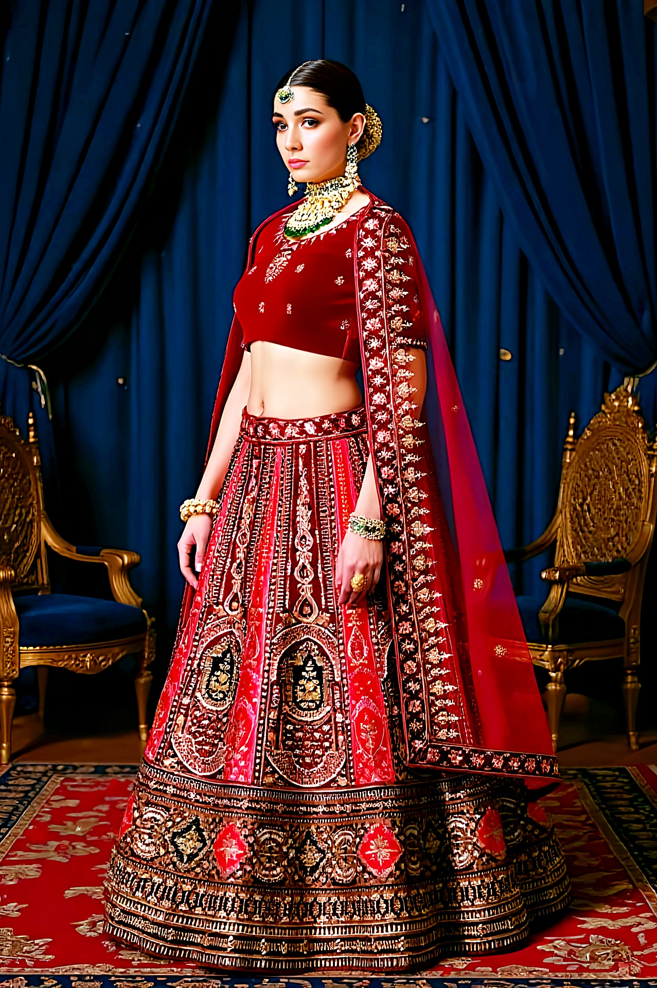 Red Heavy Embroidered Velvet Lehenga (Side)