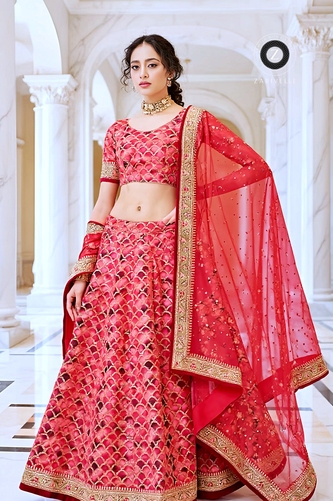 Red Multicolor Embroidered Silk Lehenga (Front)