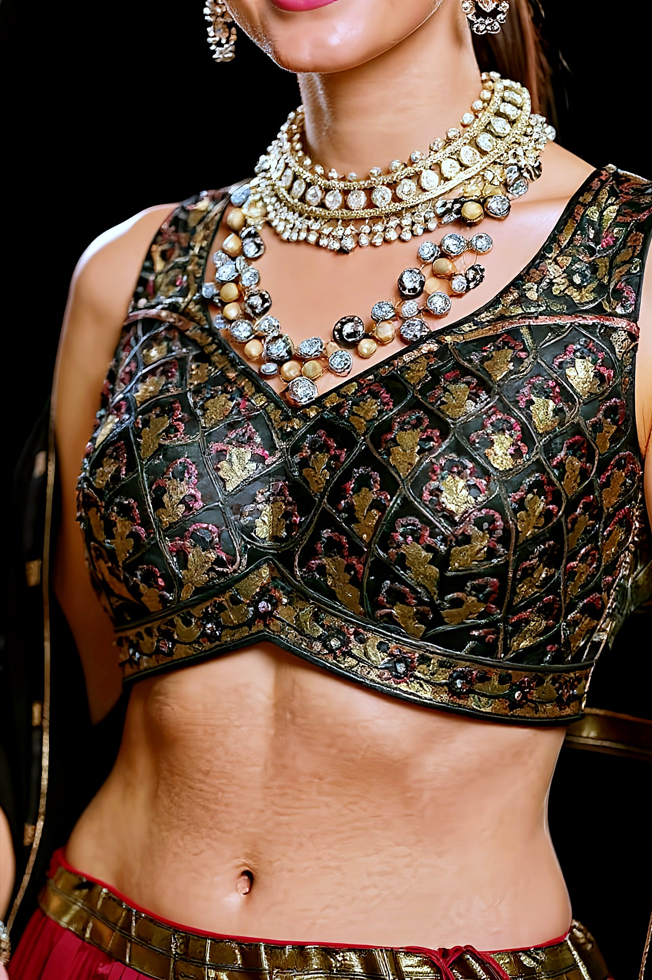 Red Multicolor Printed Silk Lehenga (Close up)