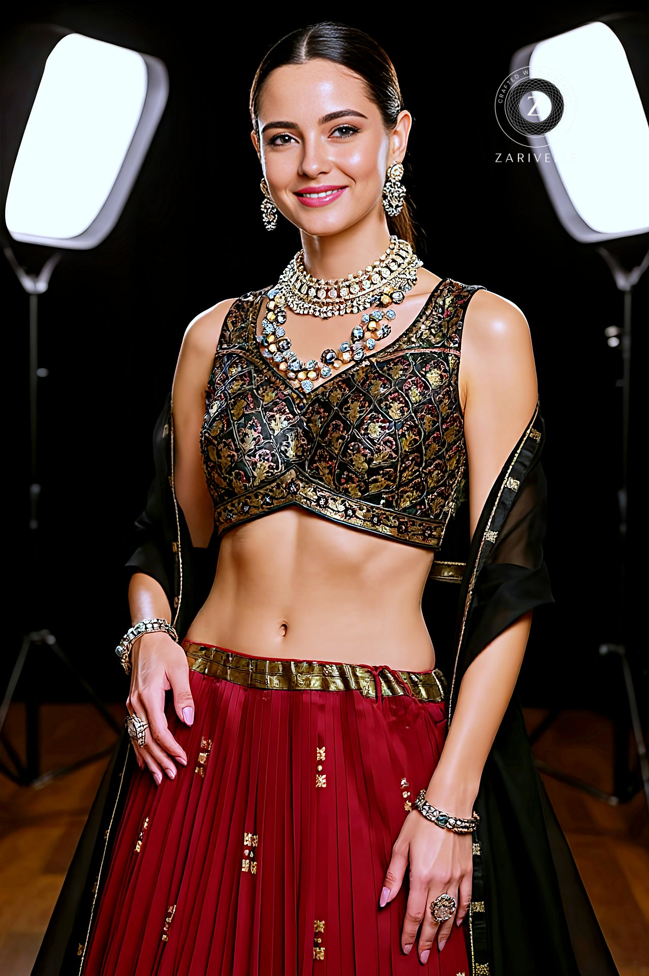 Red Multicolor Printed Silk Designer Lehenga (Front)