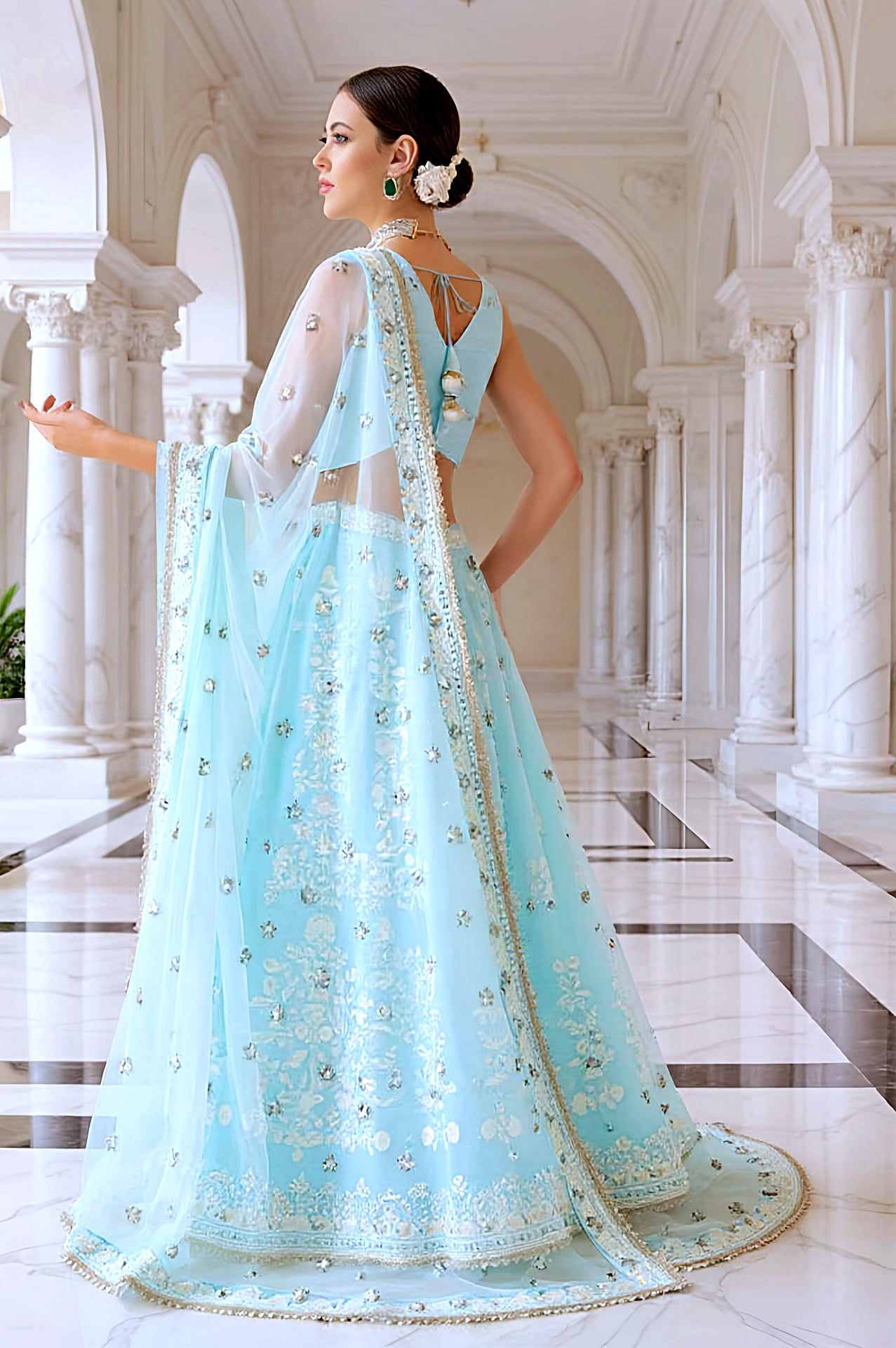 Sky Blue Embroidered Premium Georgette Lehenga (Back)