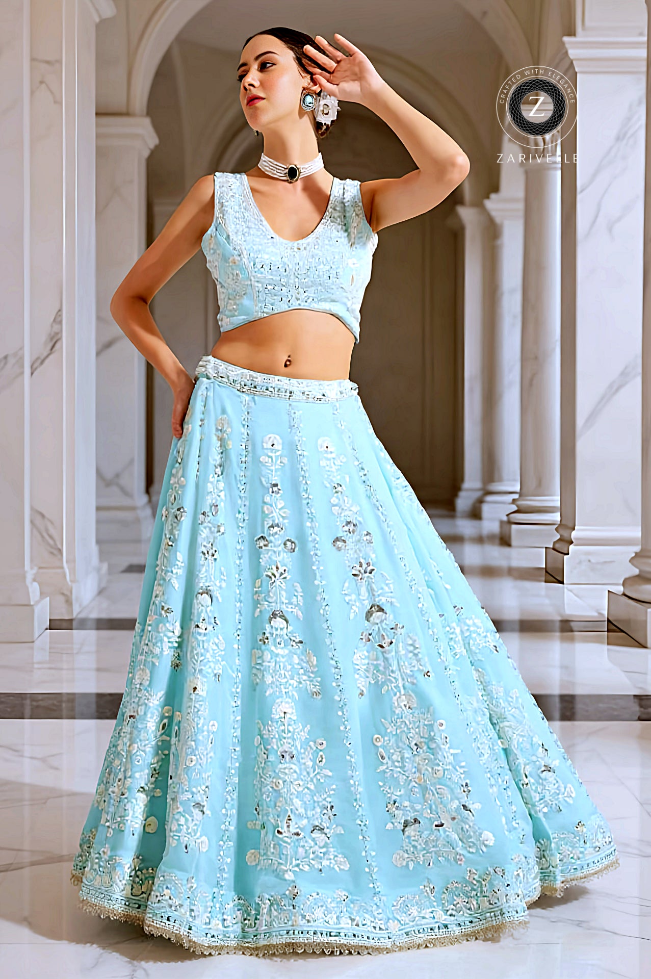 Sky Blue Embroidered Premium Georgette Lehenga (Front)