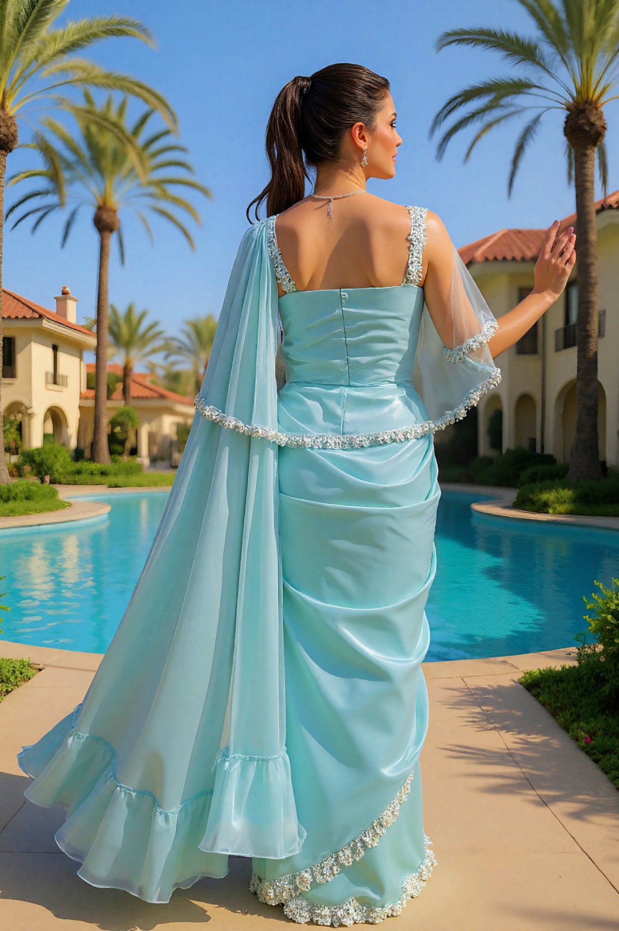 Sky Blue Embroidered Silk Saree (Back)