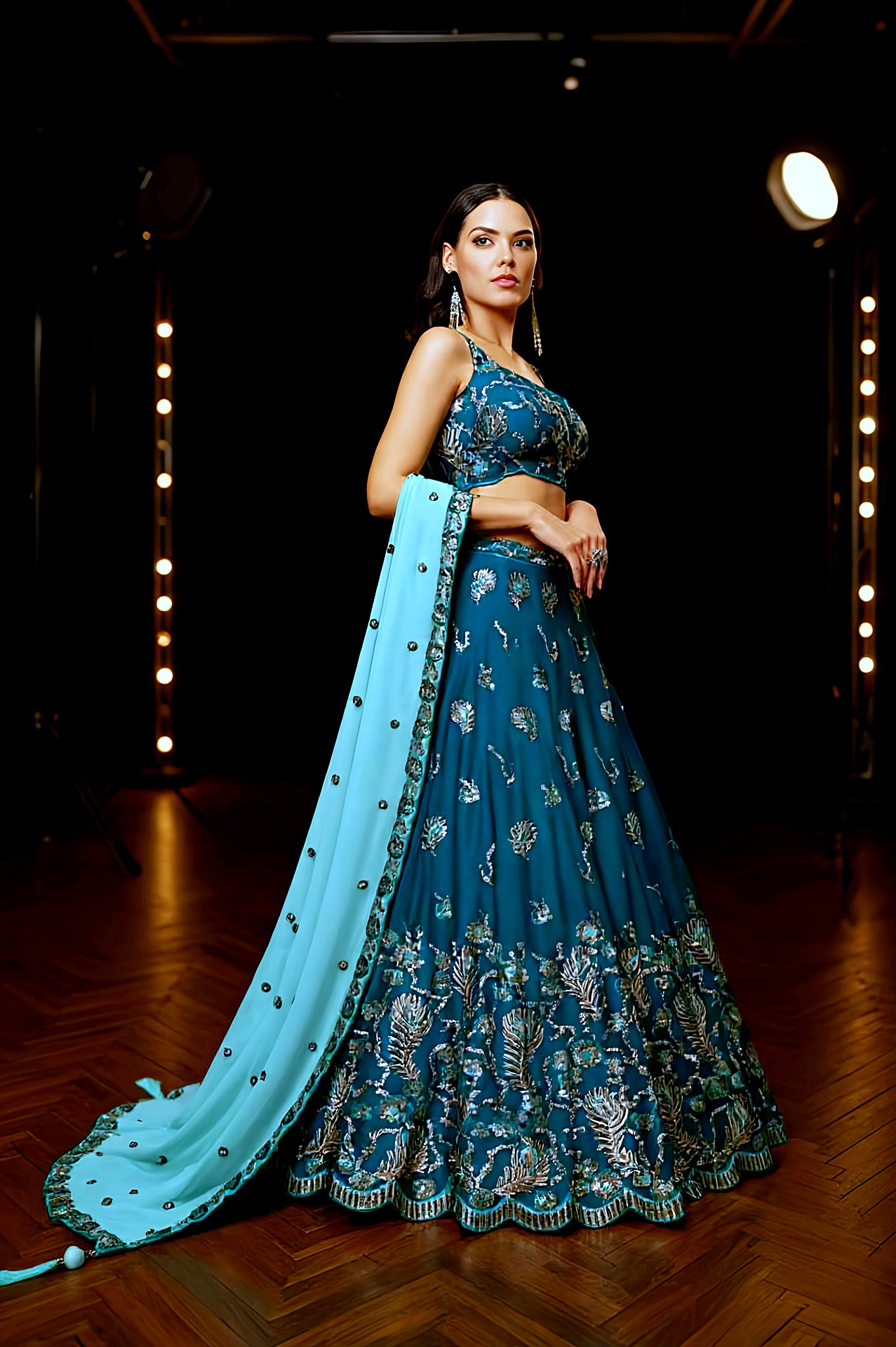Teal Green Embroidered Georgette Lehenga (Side)