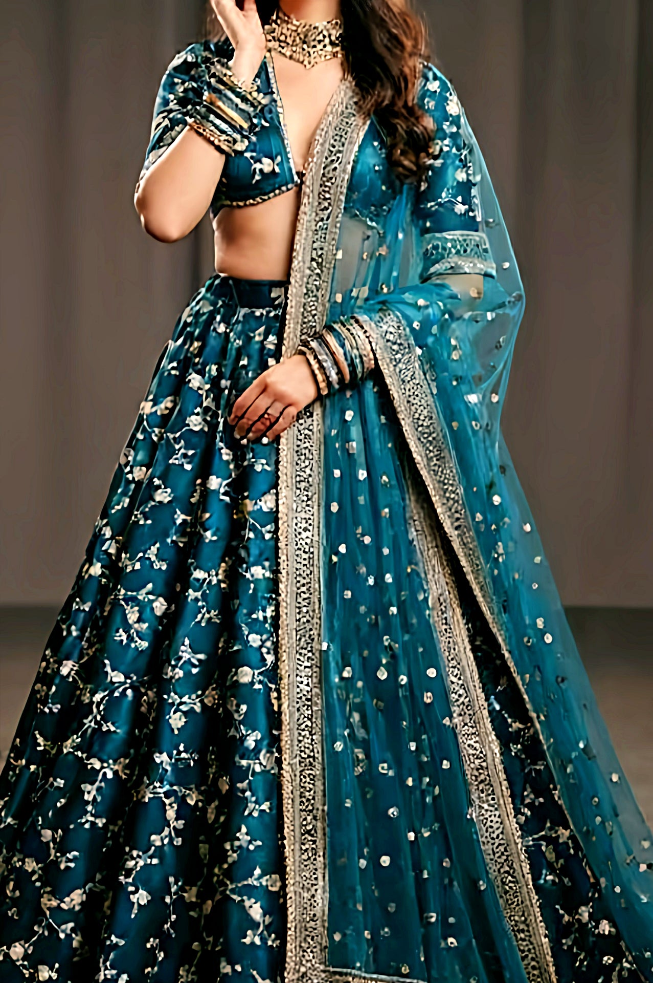 Teal Green Embroidered Velvet Lehenga (Close up)