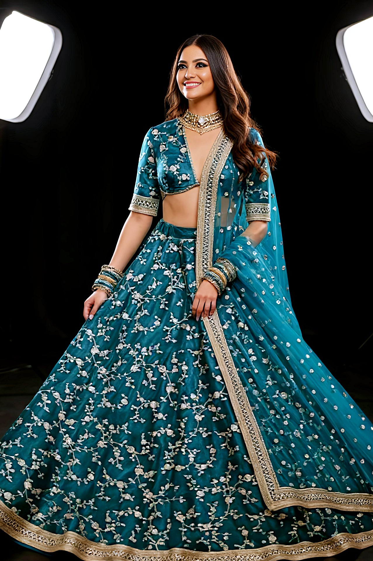 Teal Green Embroidered Velvet Lehenga (Front)