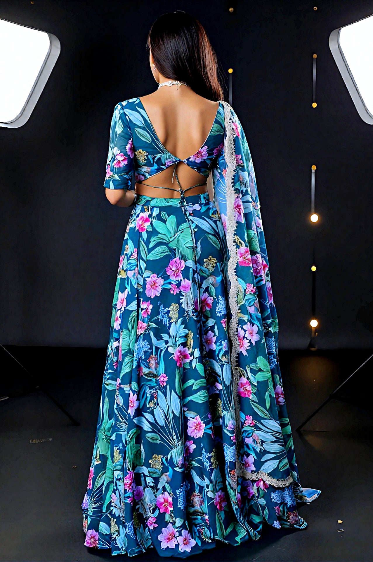 Teal Green Multicolor Printed Georgette Lehenga (Back)