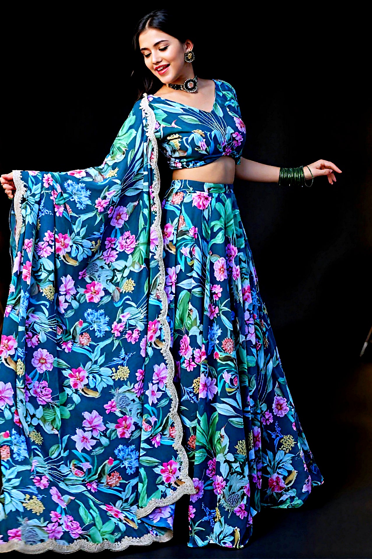 Teal Green Multicolor Printed Georgette Lehenga (Side)