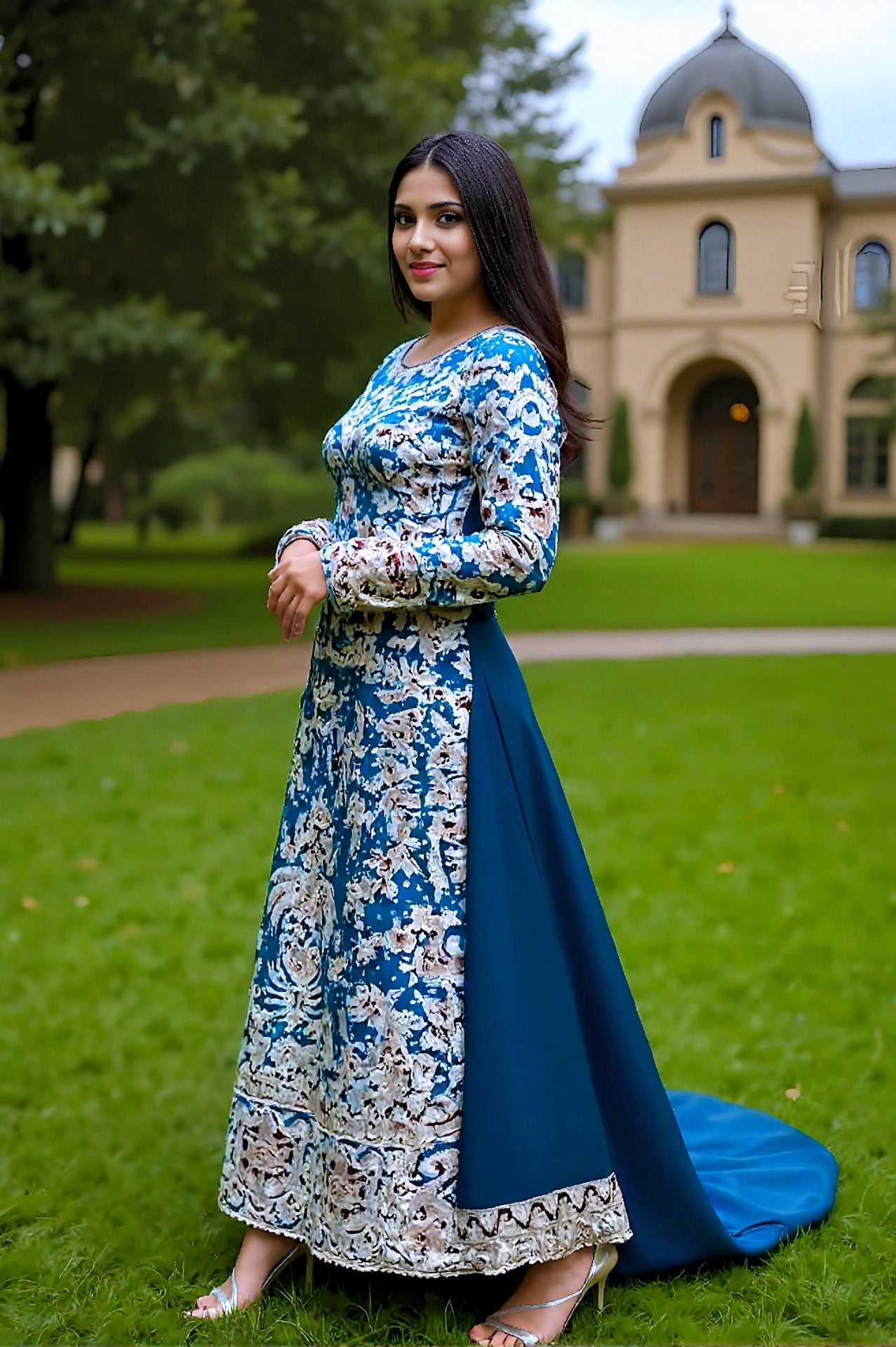 Teal Heavy Embroidered Georgette Palazzo Suit (Side)