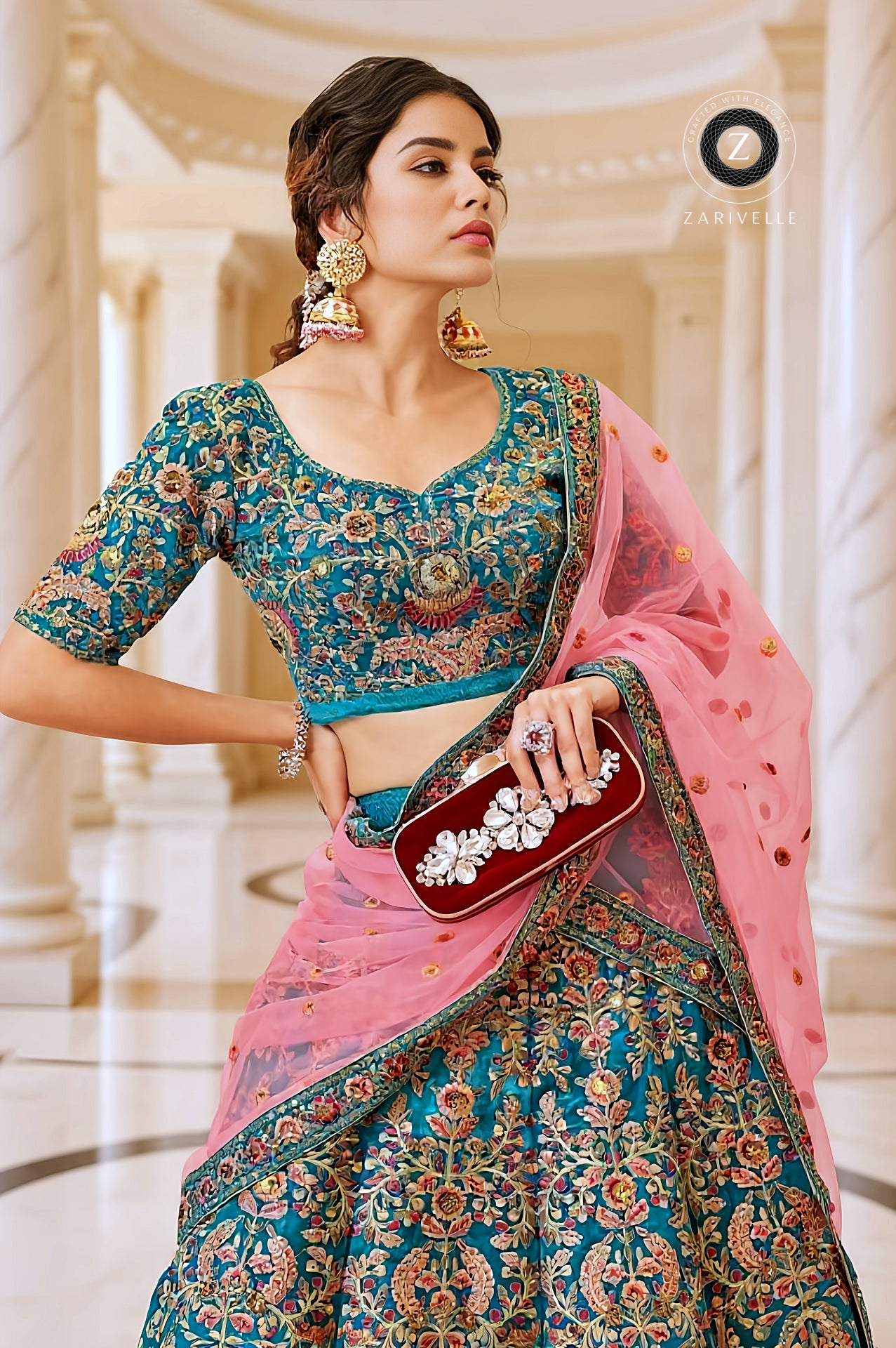 Teal Heavy Embroidered Velvet Lehenga (Front)
