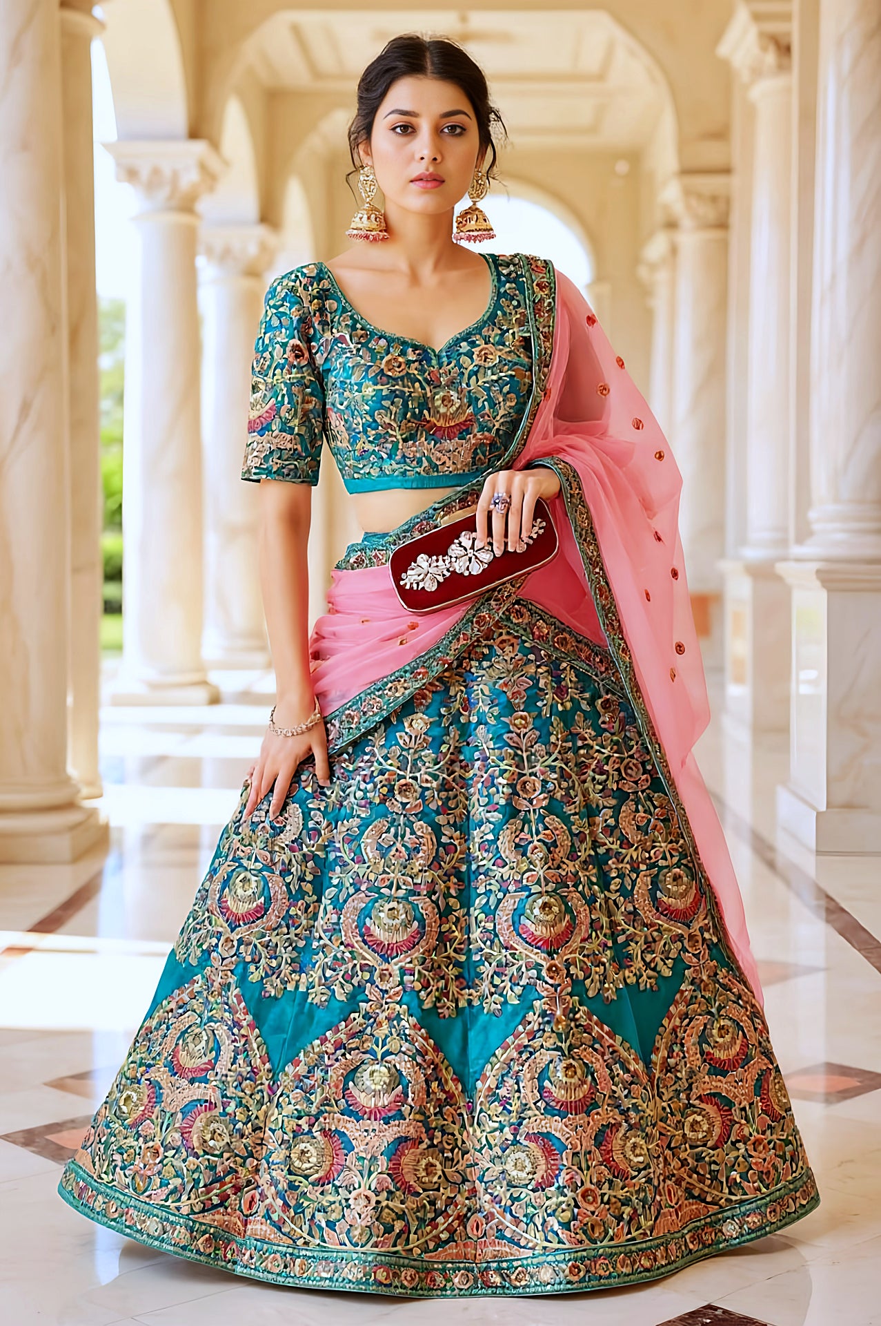 Teal Heavy Embroidered Velvet Lehenga (Full)
