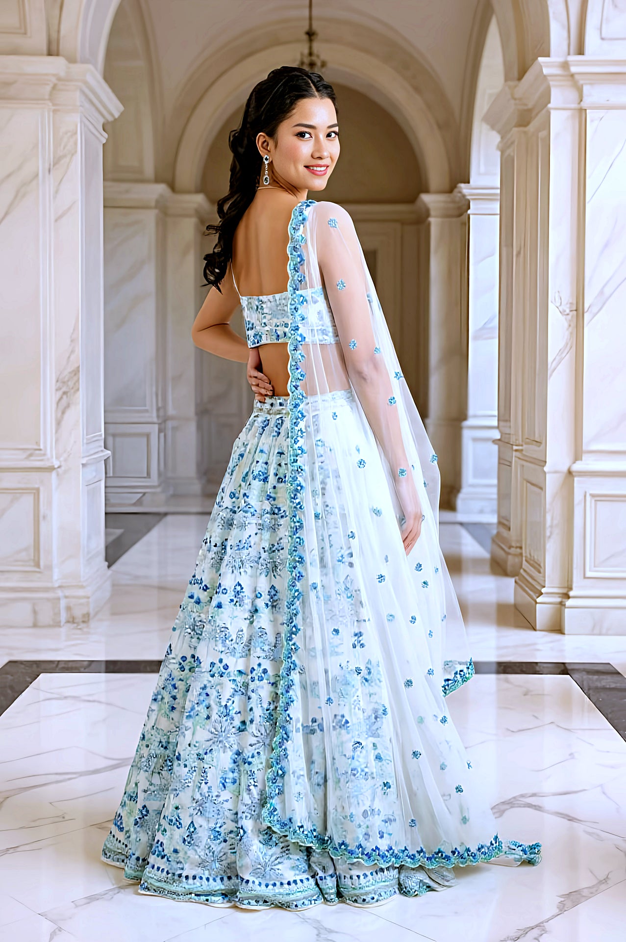 White And Blue Embroidered Georgette Lehenga (Back)