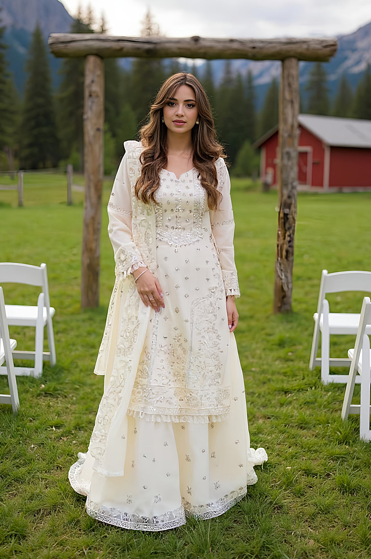 White Embroidered Georgette Palazzo Suit (Front)