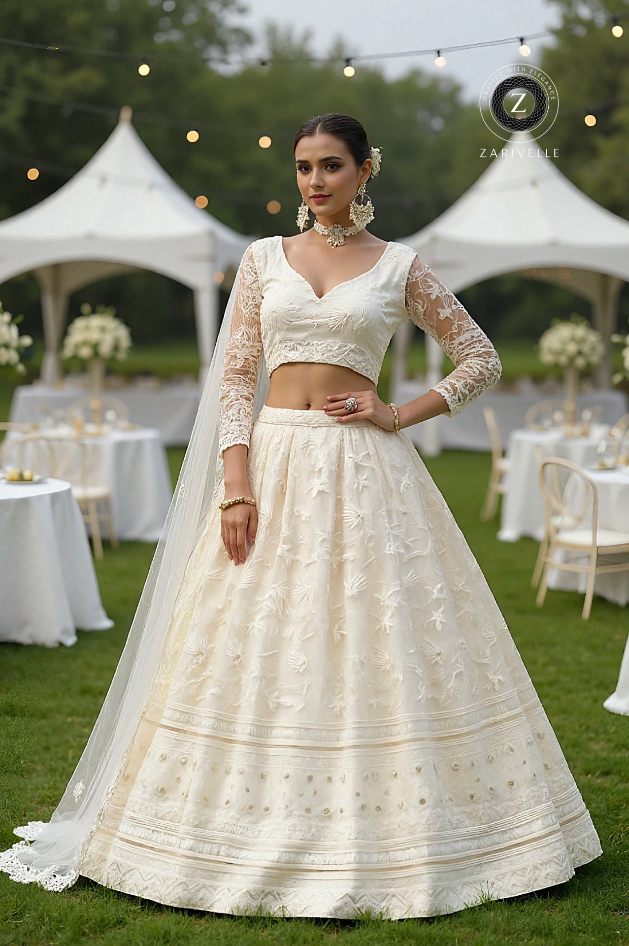 White Embroidered Net Lehenga (Front)