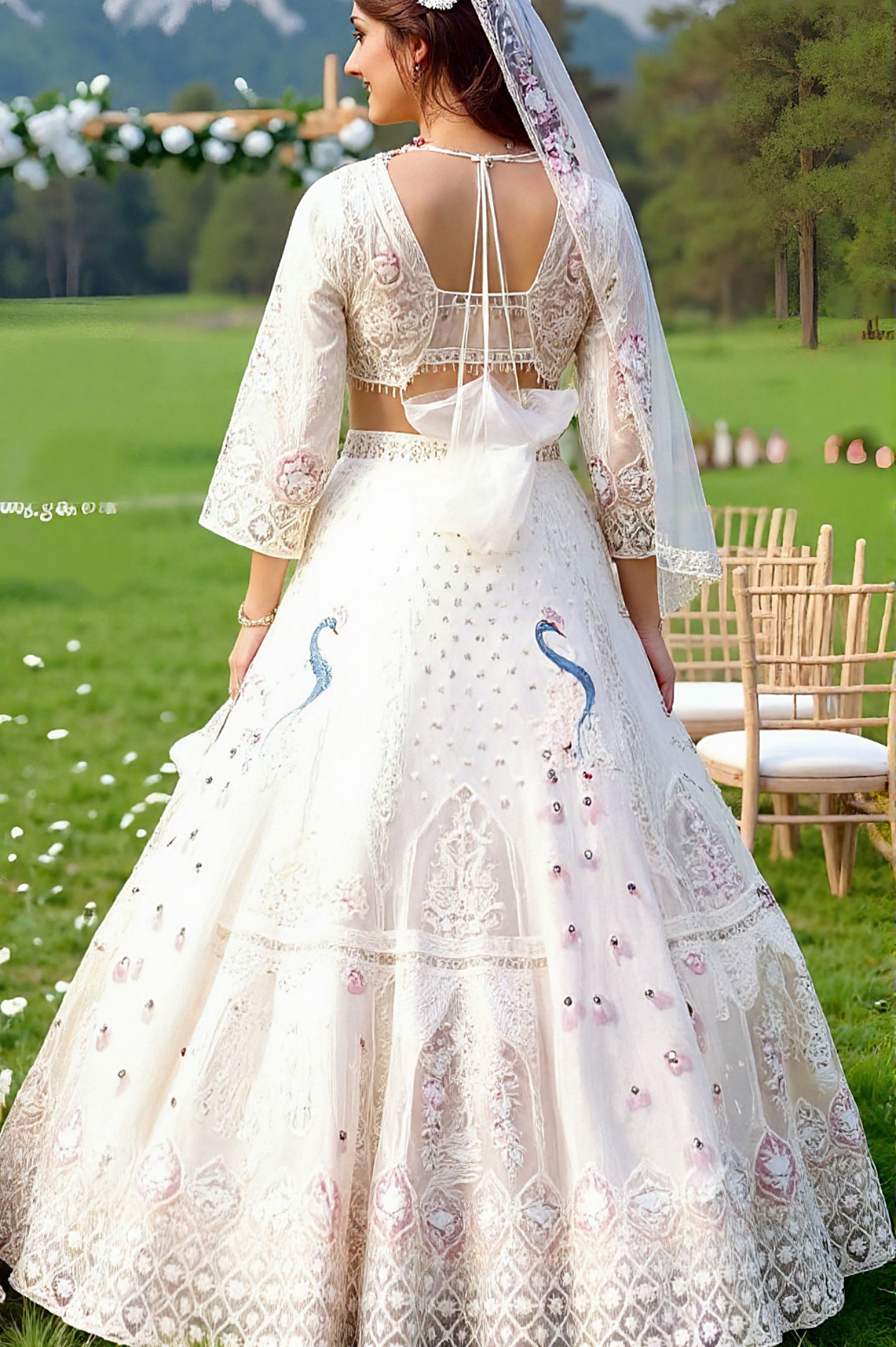 White Embroidered Premium Net Lehenga (Back)