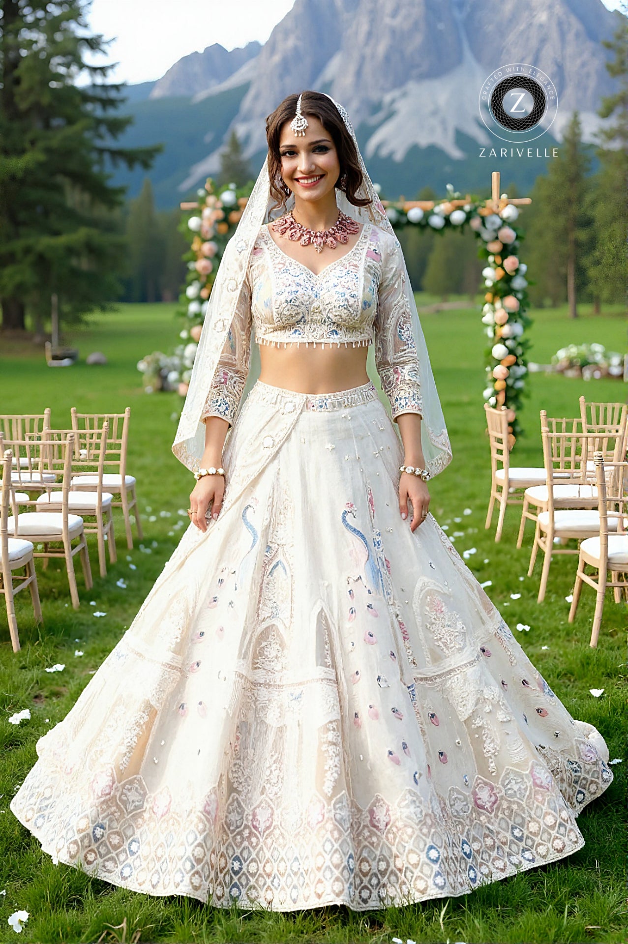 White Embroidered Premium Net Lehenga (Front)