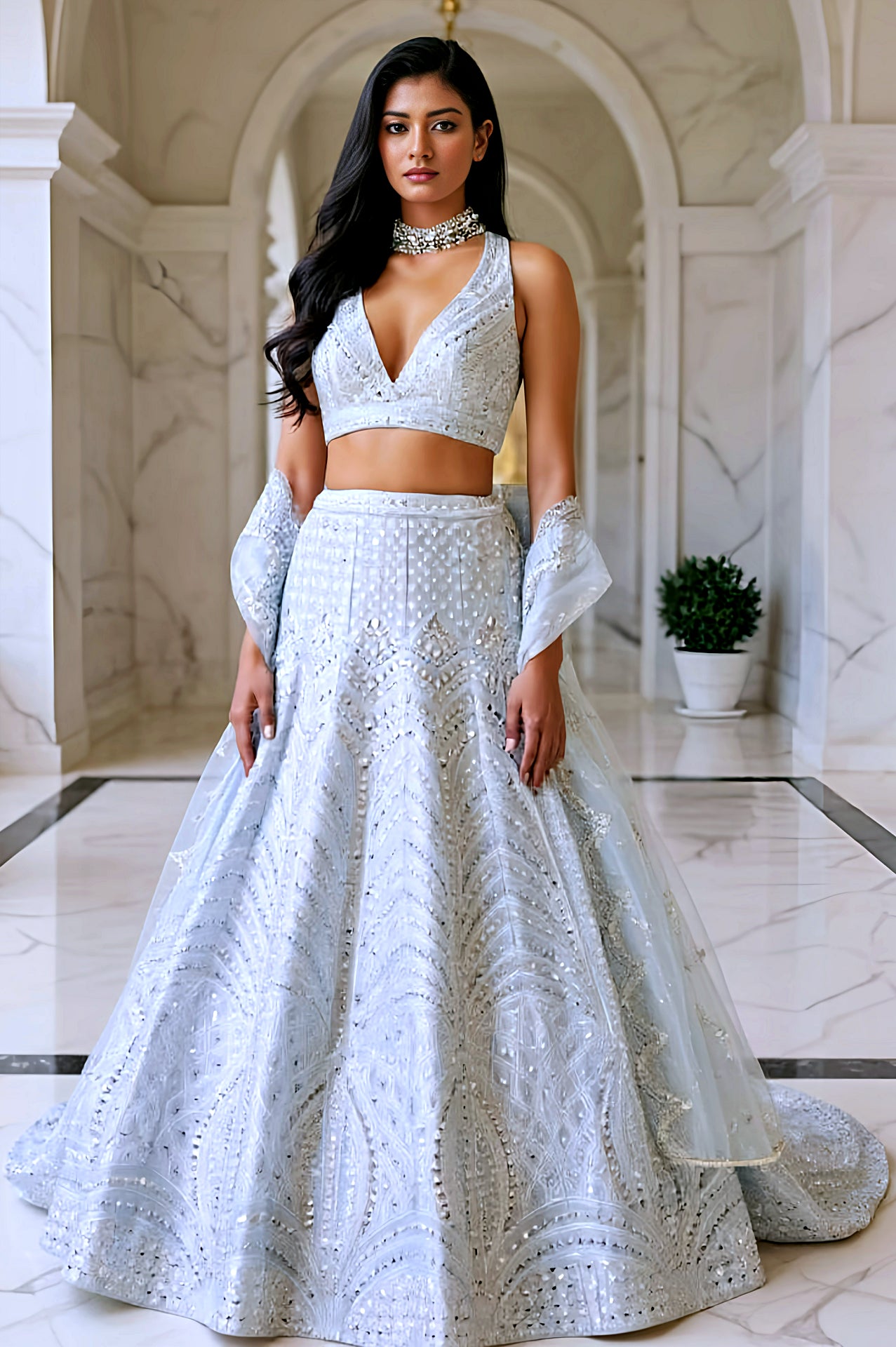 White Embroidered Premium Silk Lehenga (Front)
