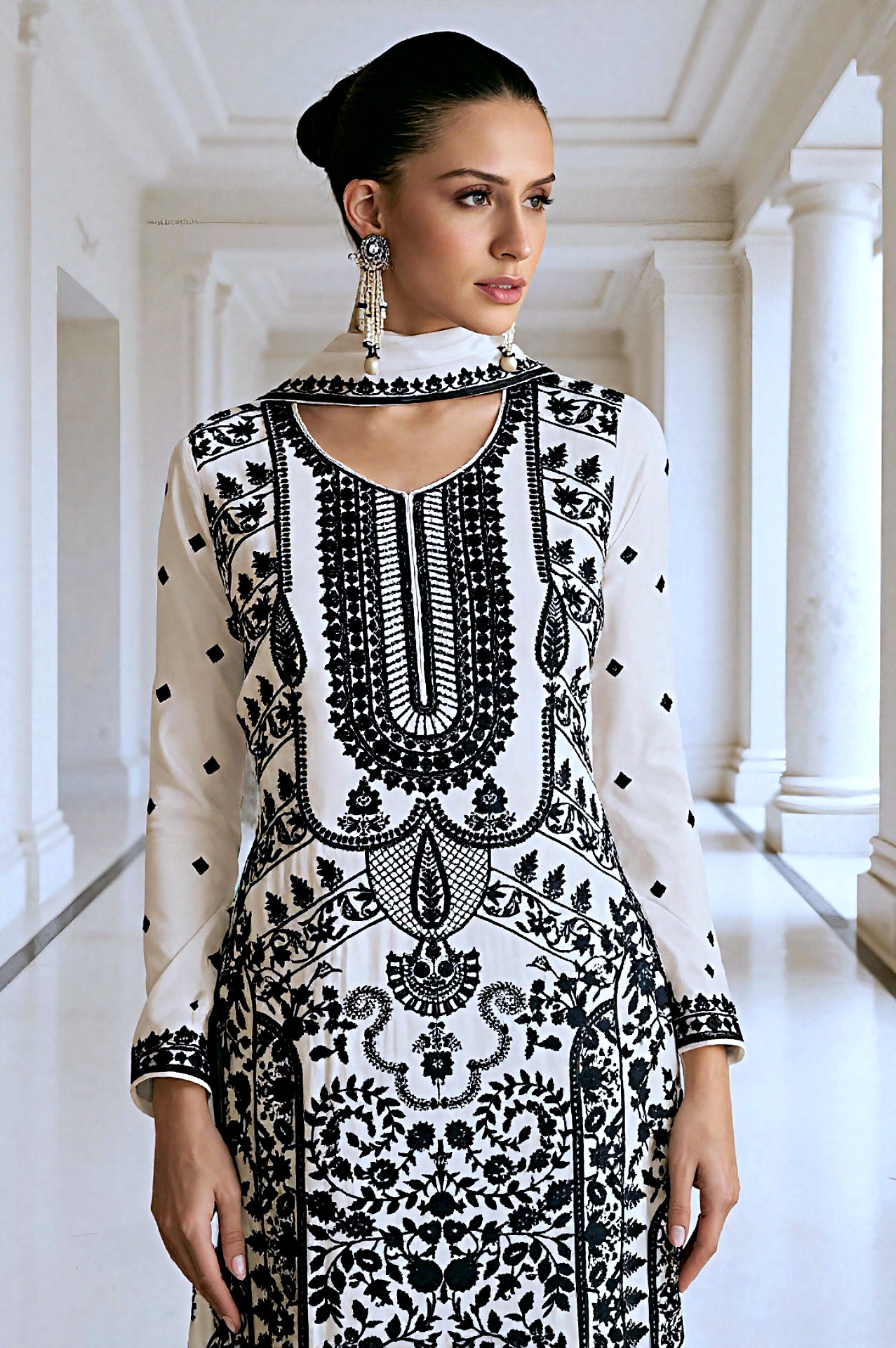 White Embroidered Silk Palazzo Suit (Close up)