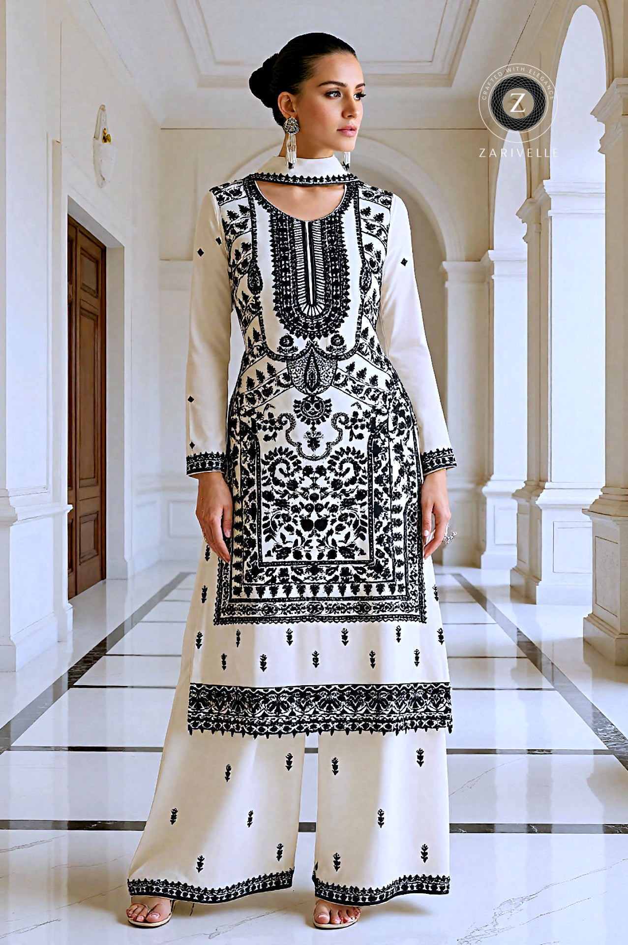 White Embroidered Silk Palazzo Suit (Front)