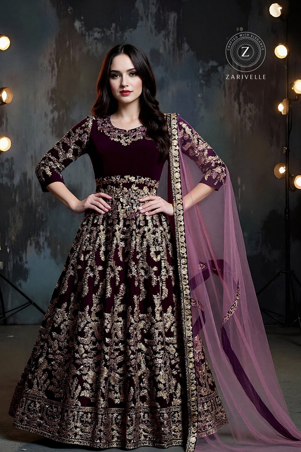 Wine Heavy Embroidered Velvet Lehenga (Front)