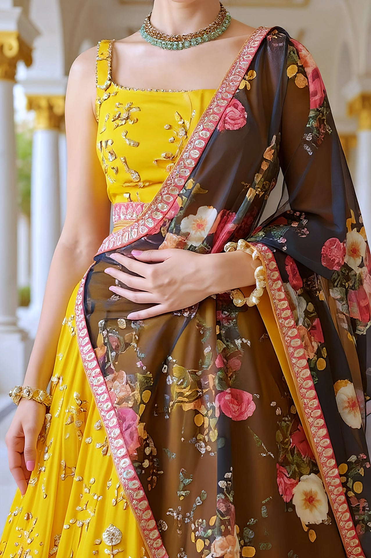 Yellow Embroidered Georgette Lehenga (Close up)