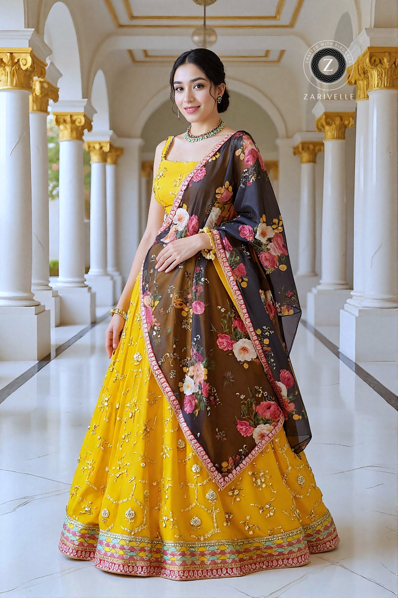 Yellow Embroidered Georgette Lehenga (Front)