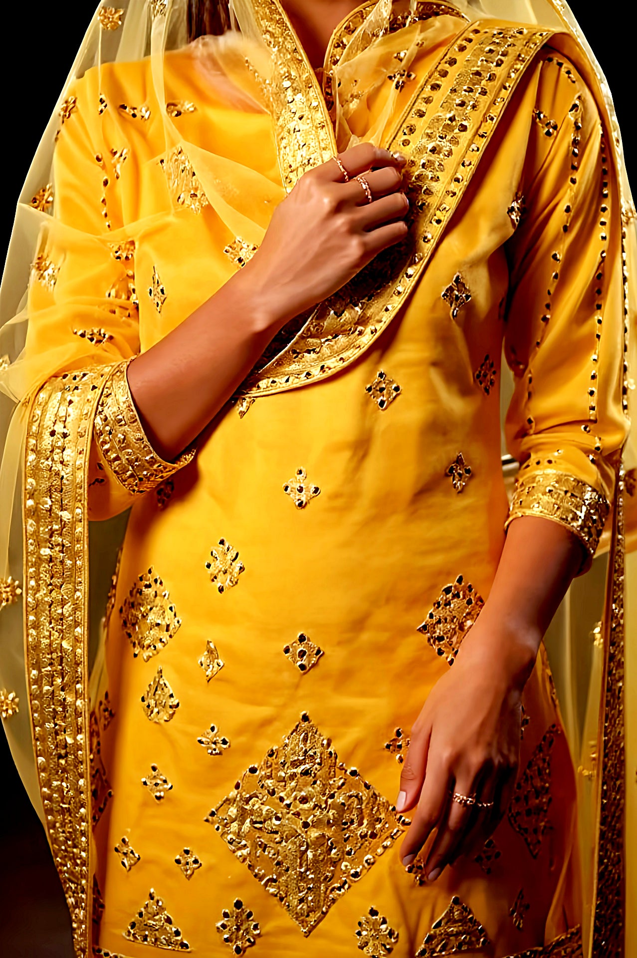 Yellow Heavy Embroidered Organza Sharara Suit (Close up)