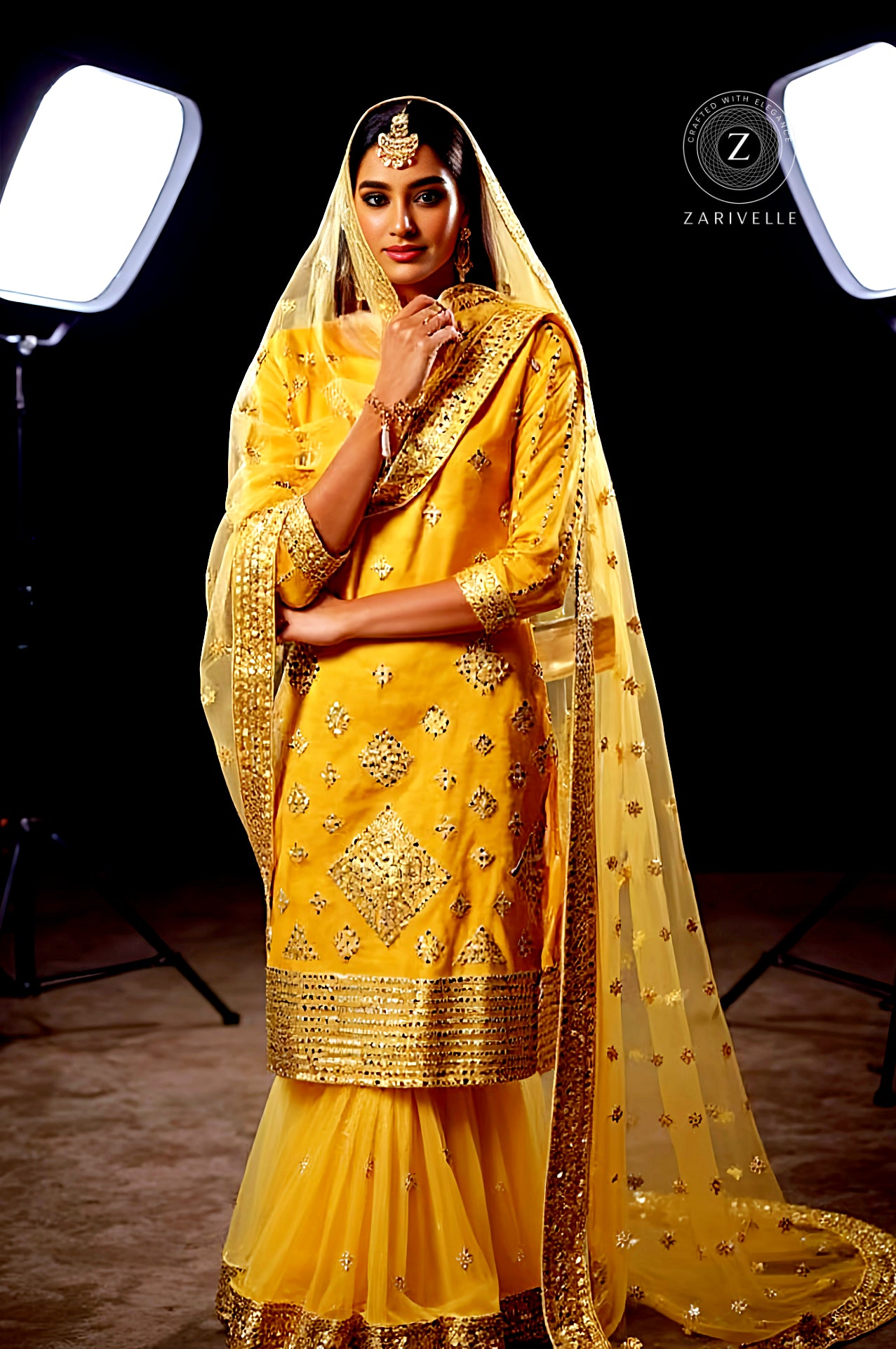 Yellow Heavy Embroidered Organza Sharara Suit (Front)