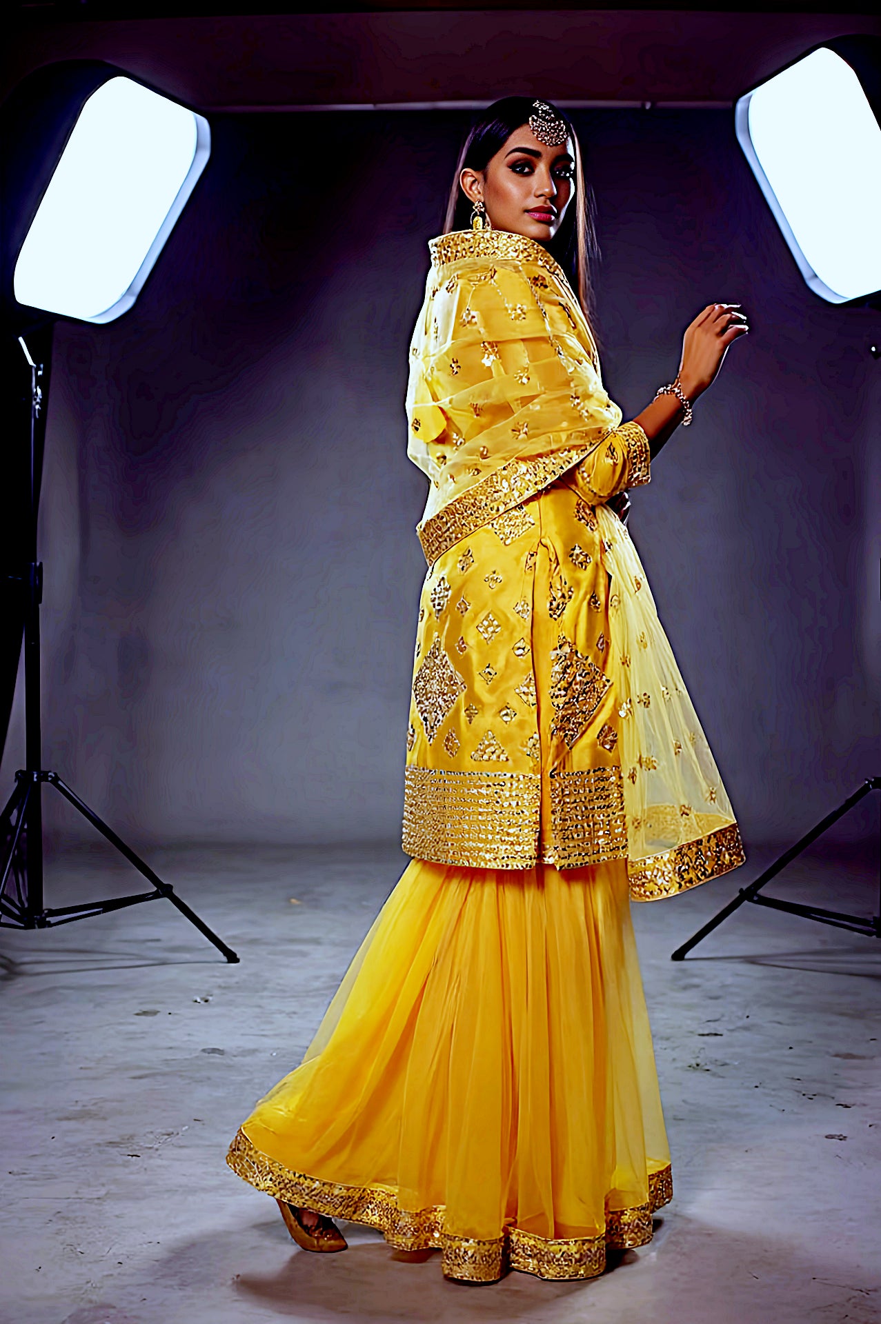 Yellow Heavy Embroidered Organza Sharara Suit (Side2)