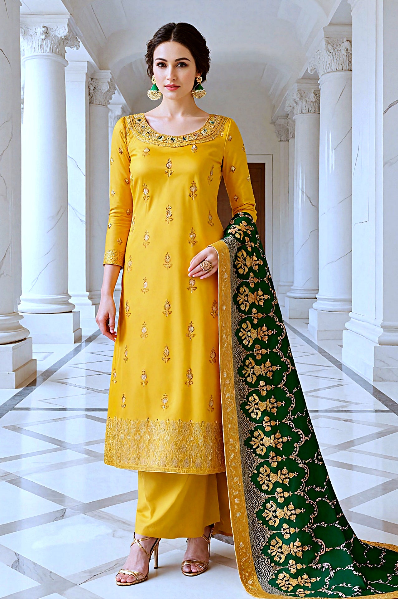 Yellow Multicolor Embroidered Silk Straight Suit (Front)