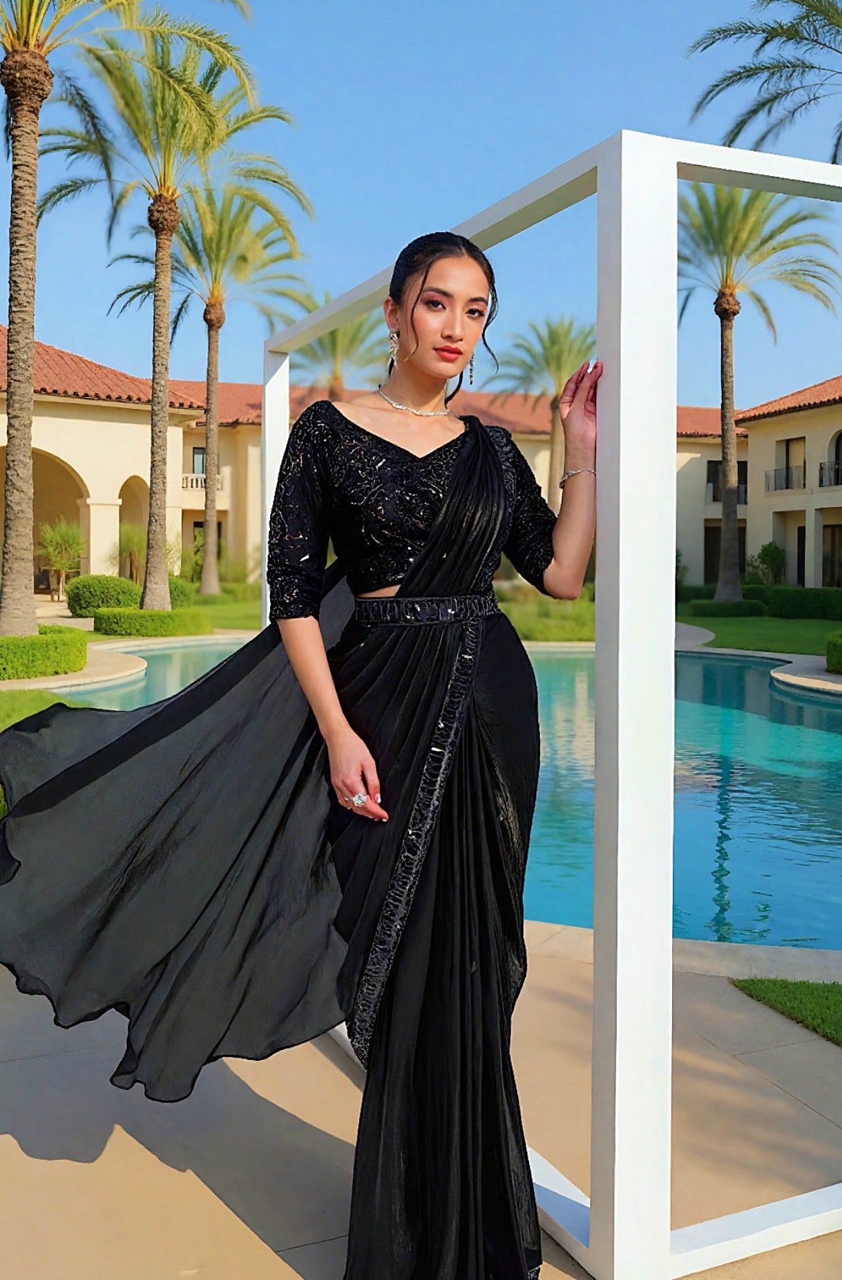 Black Embroidered Silk Saree