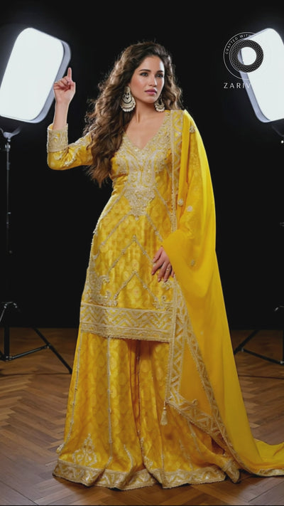 Yellow Embroidered Premium Silk Palazzo Suit