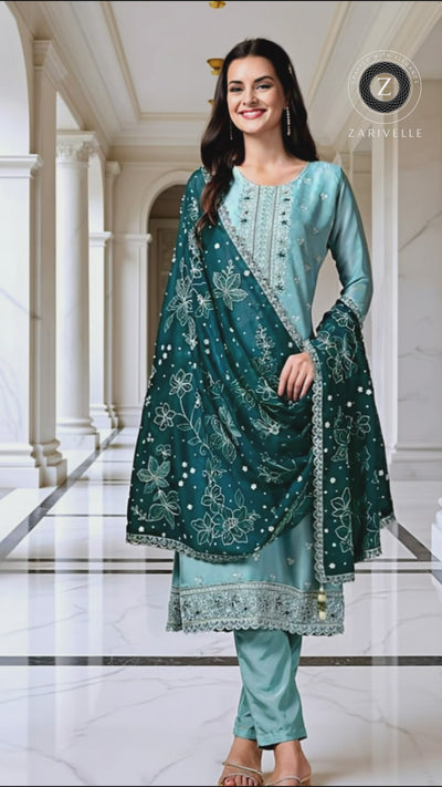 Pastel Green Embroidered Velvet Straight Suit
