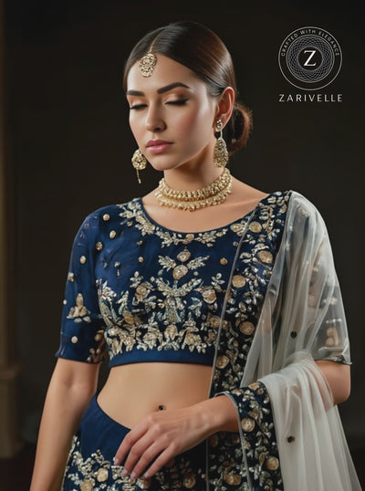 Blue Heavy Embroidered Velvet Lehenga