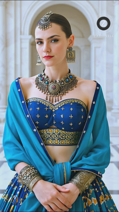 Blue Multicolor Embroidered Silk Designer Lehenga