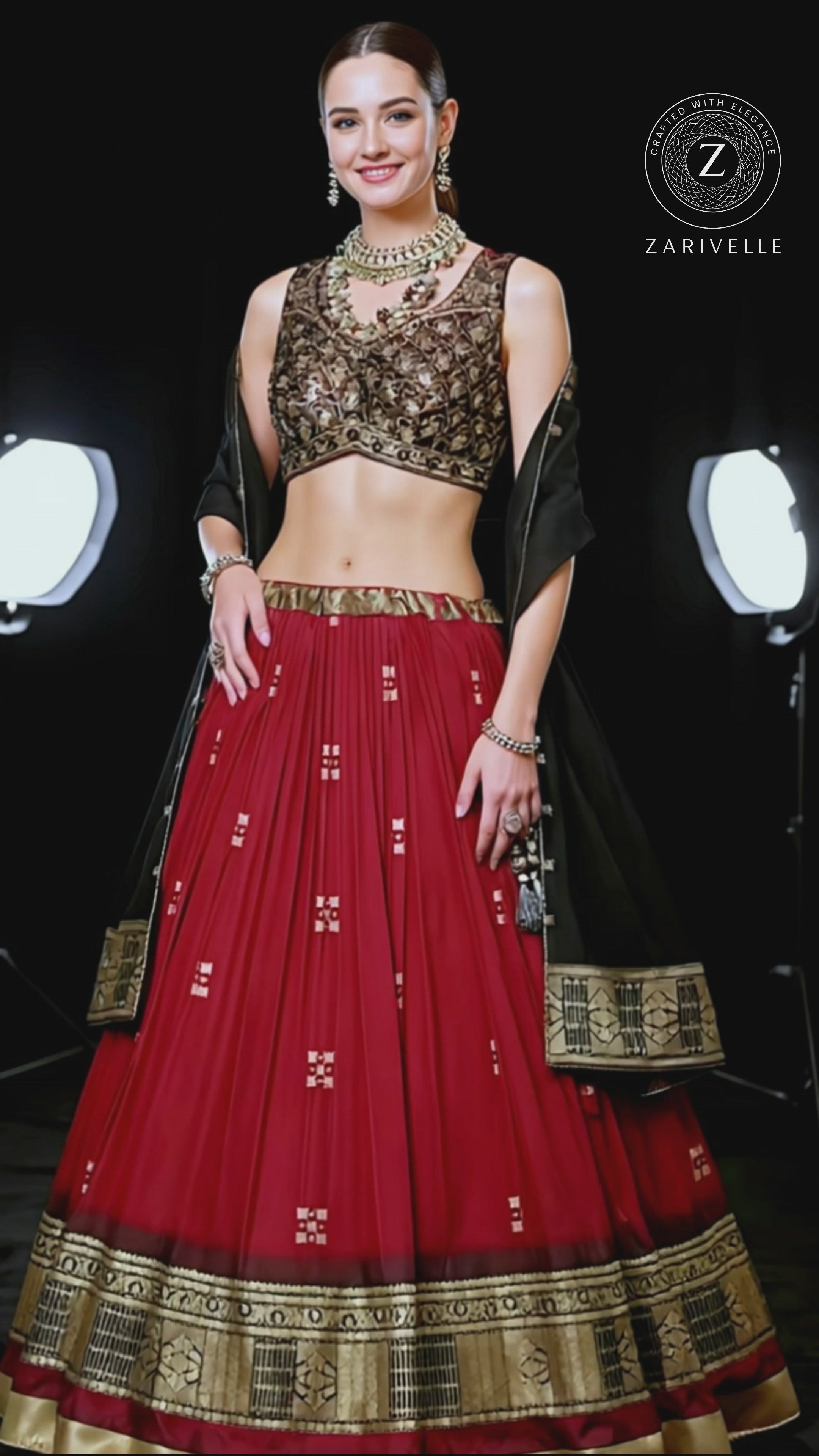 Red Multicolor Printed Silk Designer Lehenga
