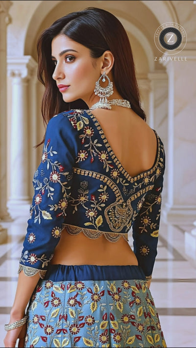 Blue Multicolor Embroidered Designer Silk Lehenga