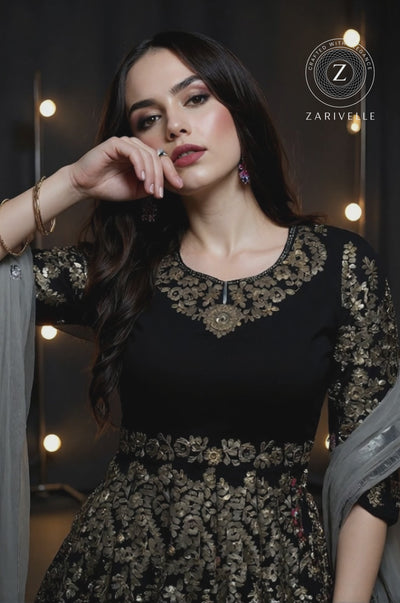 Black Heavy Embroidered Velvet Lehenga