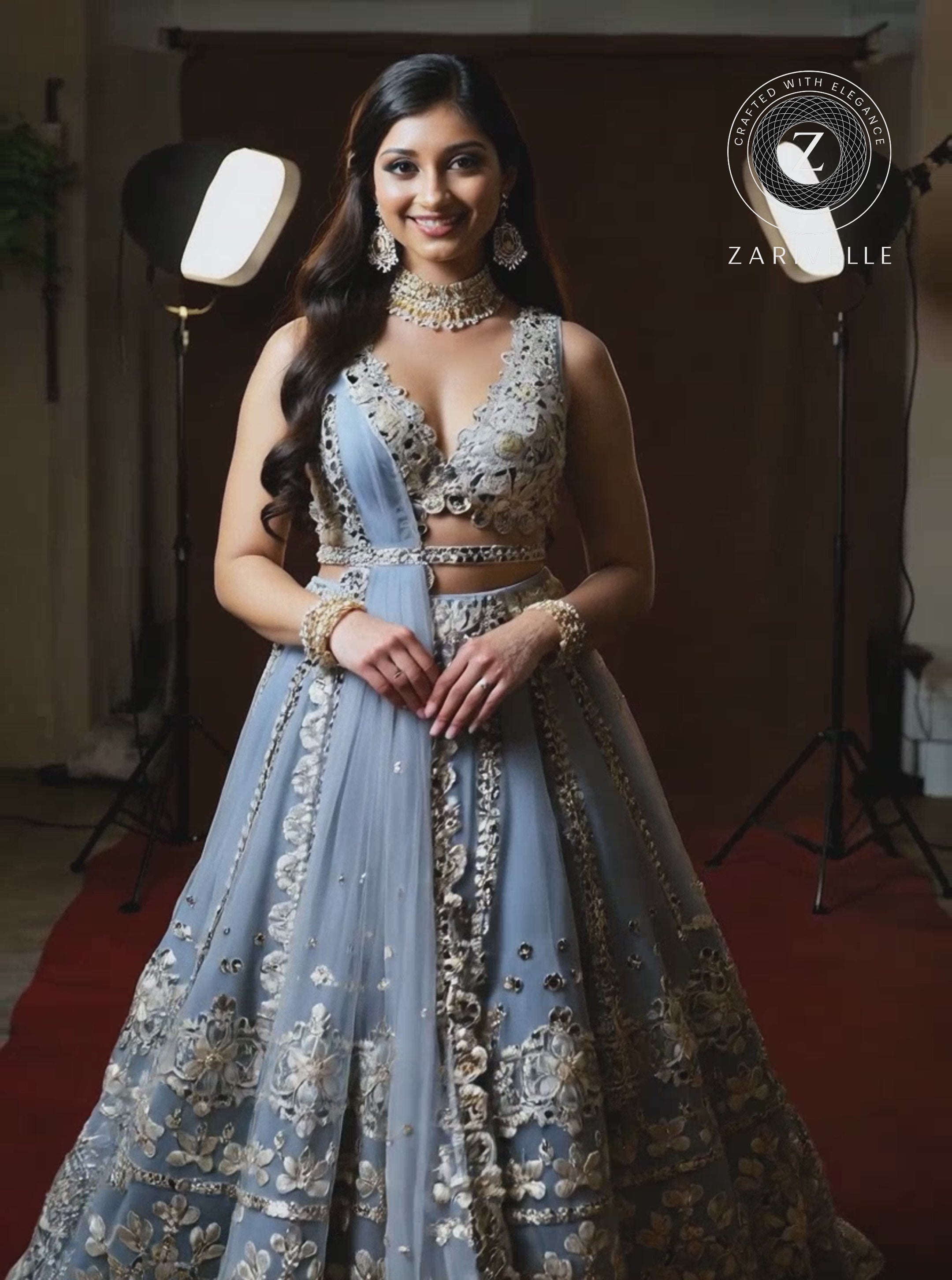 Blue Embroidered Net Lehenga