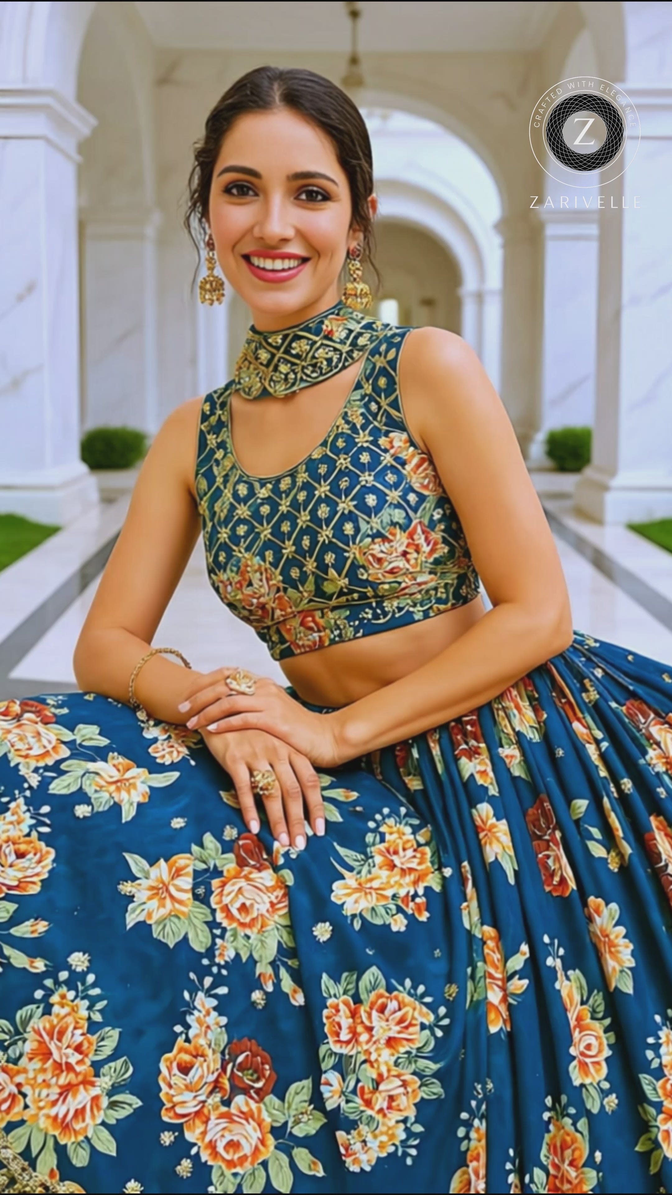 Teal Multicolor Embroidered Georgette Lehenga